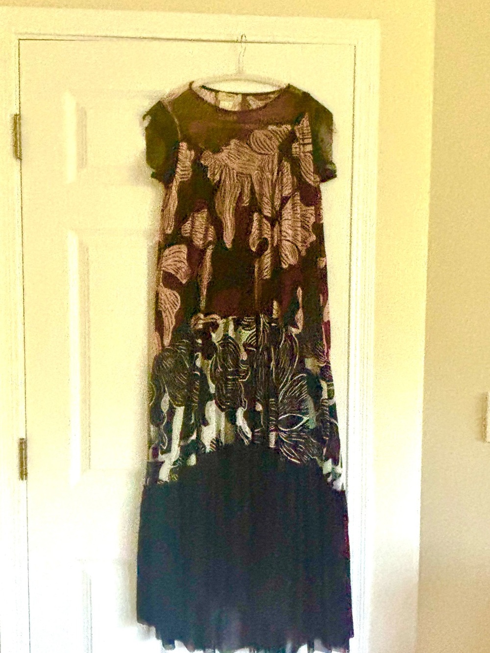 Fuzzy Floral-Print Short Sleeve Maxi Dress. Fully lined. Running large
